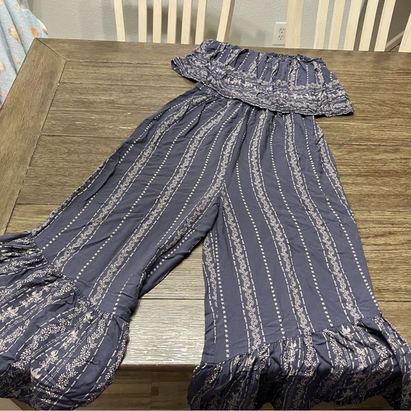 Japna Wide Leg Romper Women's Blue Flare Strapless Smocked Jumpsuit - Picture 2 of 9